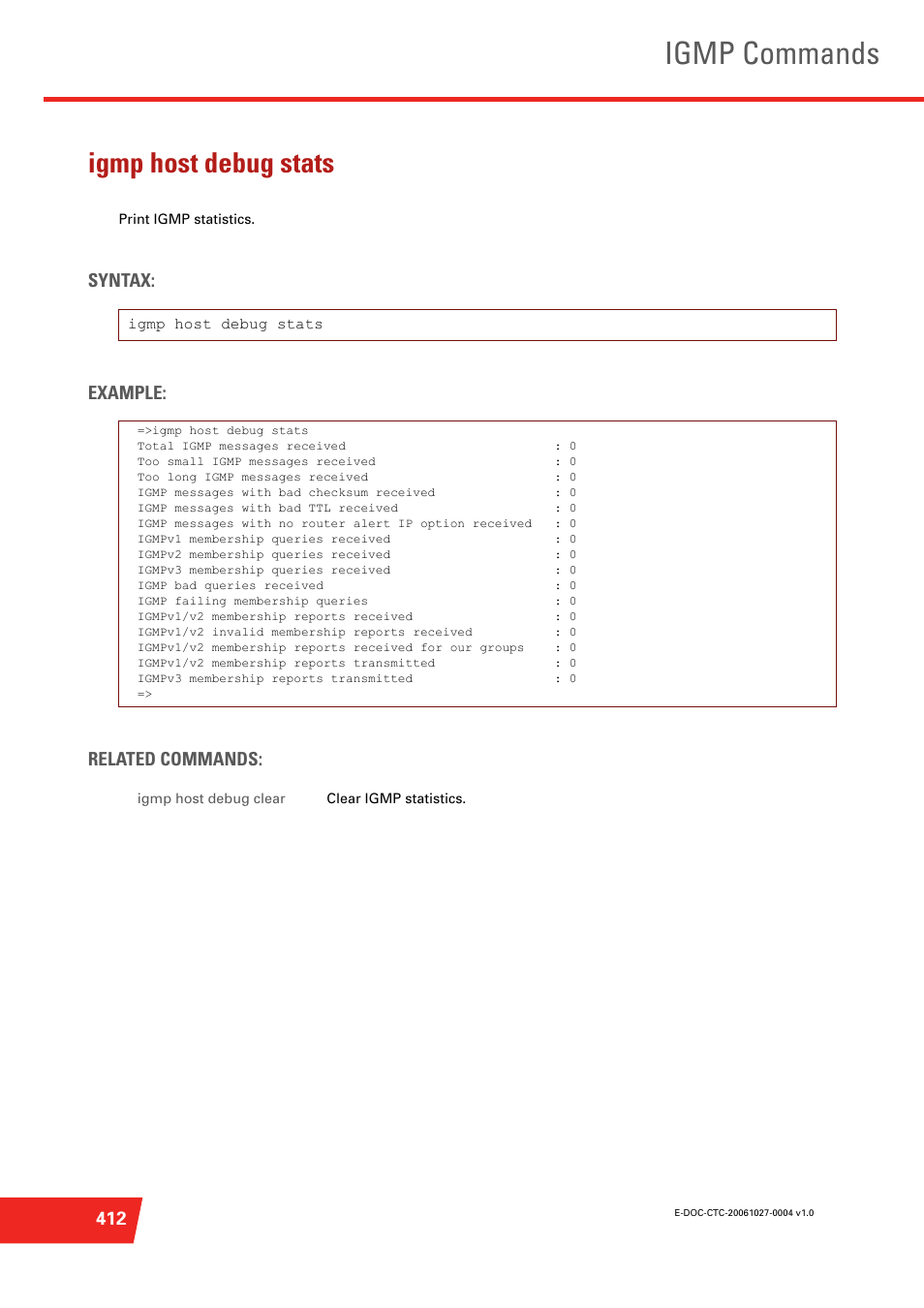 Igmp host debug stats, Igmp commands, Syntax: example: related commands | Technicolor - Thomson ST585 V6 User Manual | Page 436 / 834