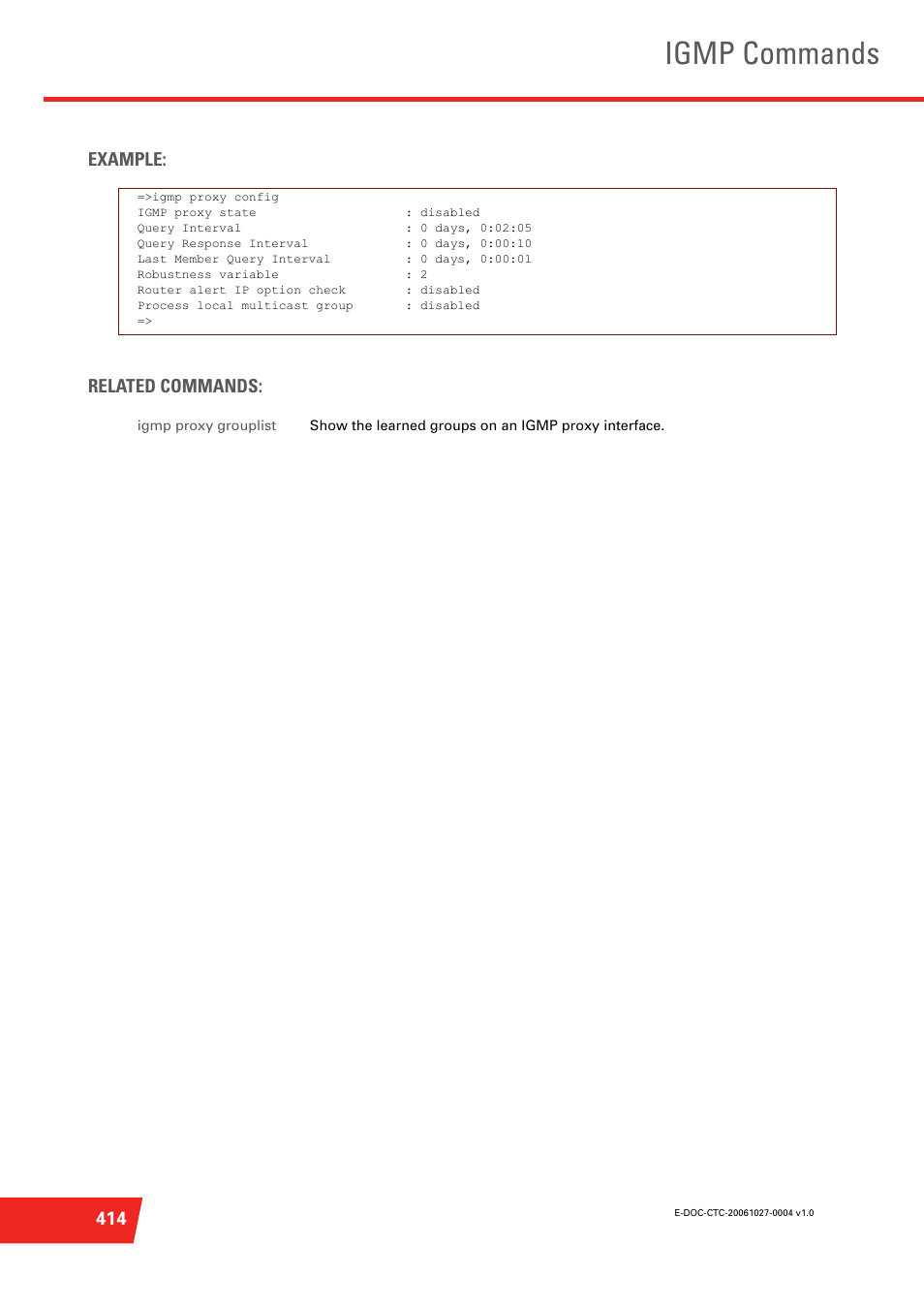 Igmp commands, 414 example: related commands | Technicolor - Thomson ST585 V6 User Manual | Page 438 / 834