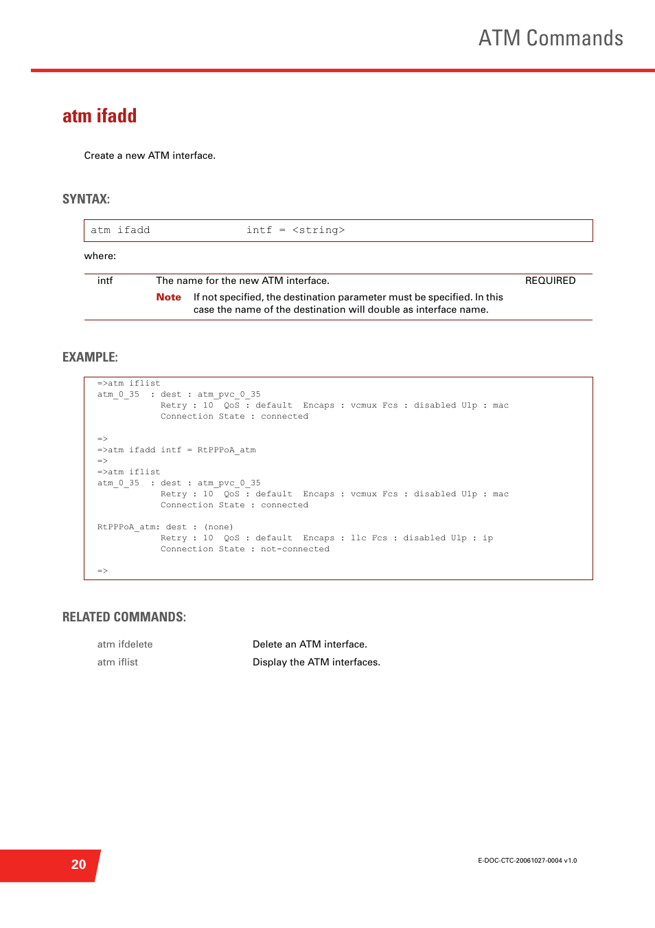 Atm ifadd, Atm commands, Syntax | Example: related commands | Technicolor - Thomson ST585 V6 User Manual | Page 44 / 834