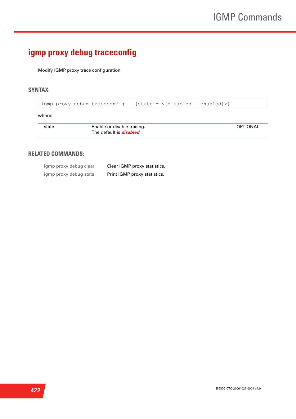 Igmp proxy debug traceconfig, Igmp commands | Technicolor - Thomson ST585 V6 User Manual | Page 446 / 834