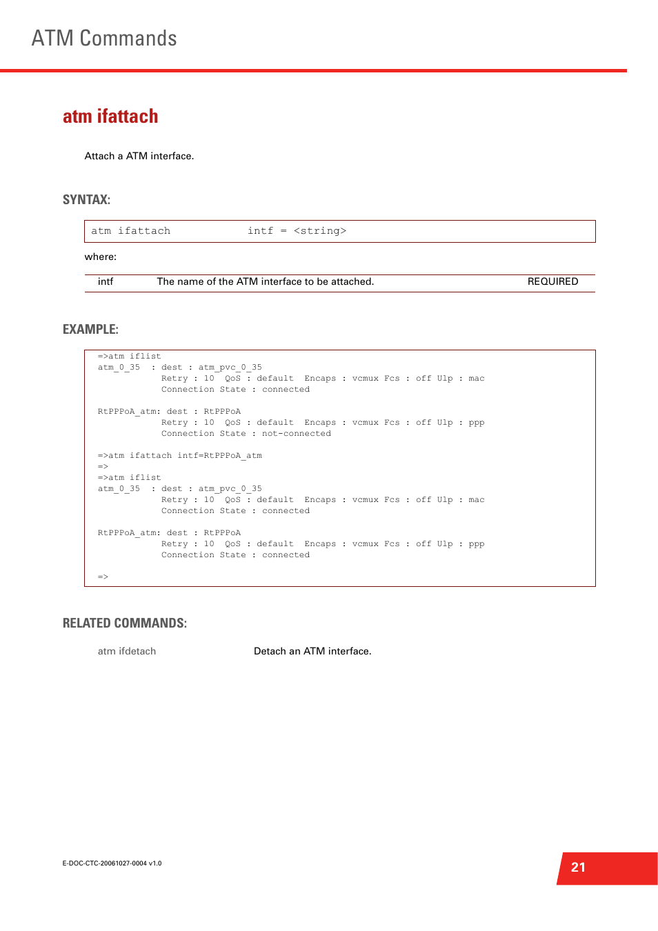 Atm ifattach, Atm commands, Syntax | Example: related commands | Technicolor - Thomson ST585 V6 User Manual | Page 45 / 834