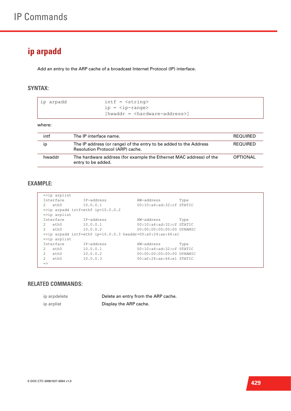 Ip arpadd, Ip commands, Syntax | Example: related commands | Technicolor - Thomson ST585 V6 User Manual | Page 453 / 834