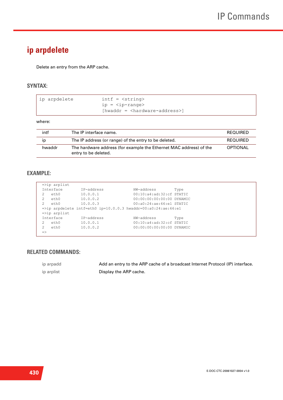 Ip arpdelete, Delete an entry from the arp cache, Ip commands | Syntax, Example: related commands | Technicolor - Thomson ST585 V6 User Manual | Page 454 / 834