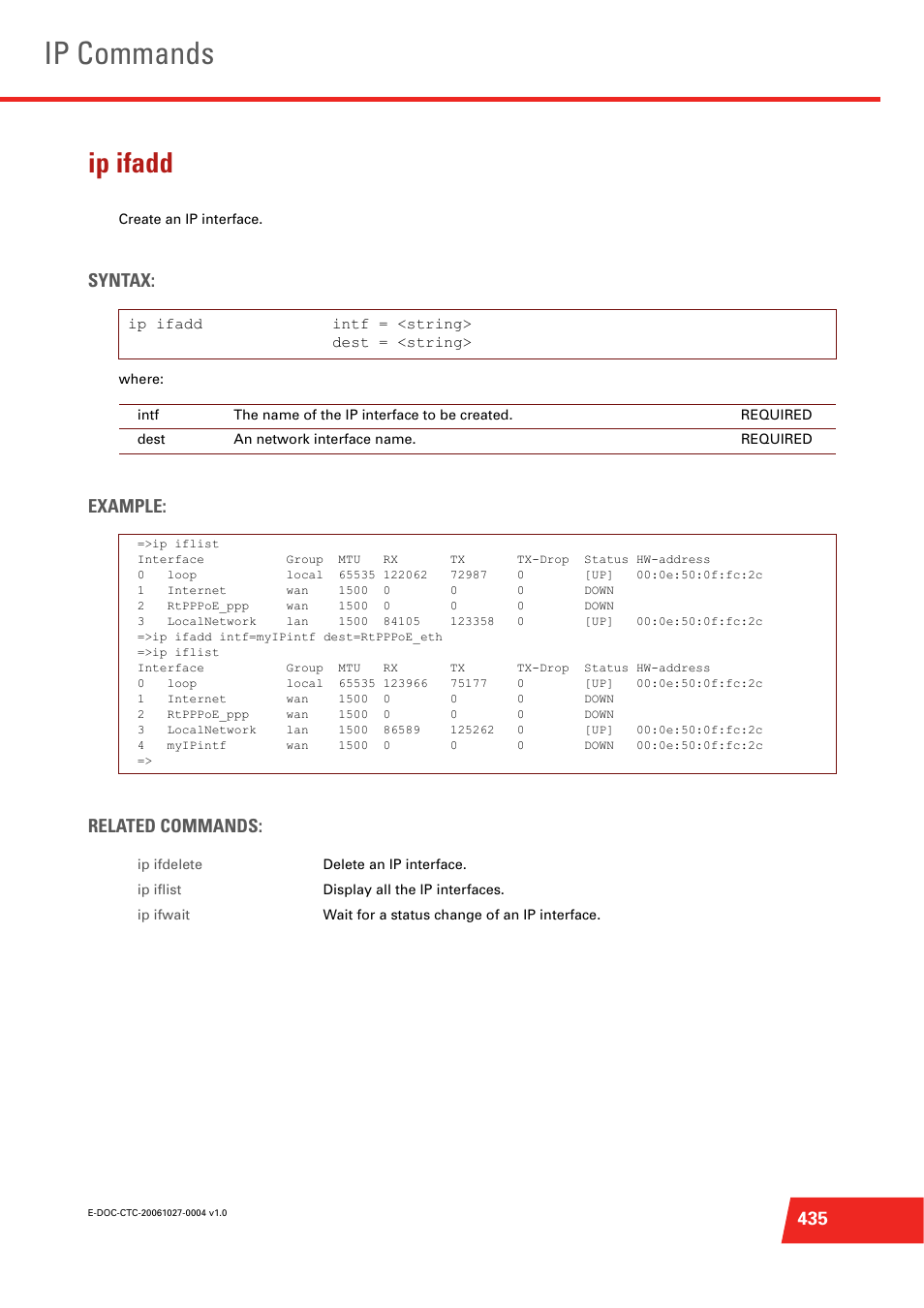 Ip ifadd, Create an ip interface, Ip commands | Syntax, Example: related commands | Technicolor - Thomson ST585 V6 User Manual | Page 459 / 834