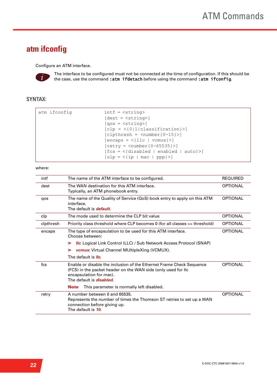 Atm ifconfig, Atm commands, Syntax | Technicolor - Thomson ST585 V6 User Manual | Page 46 / 834