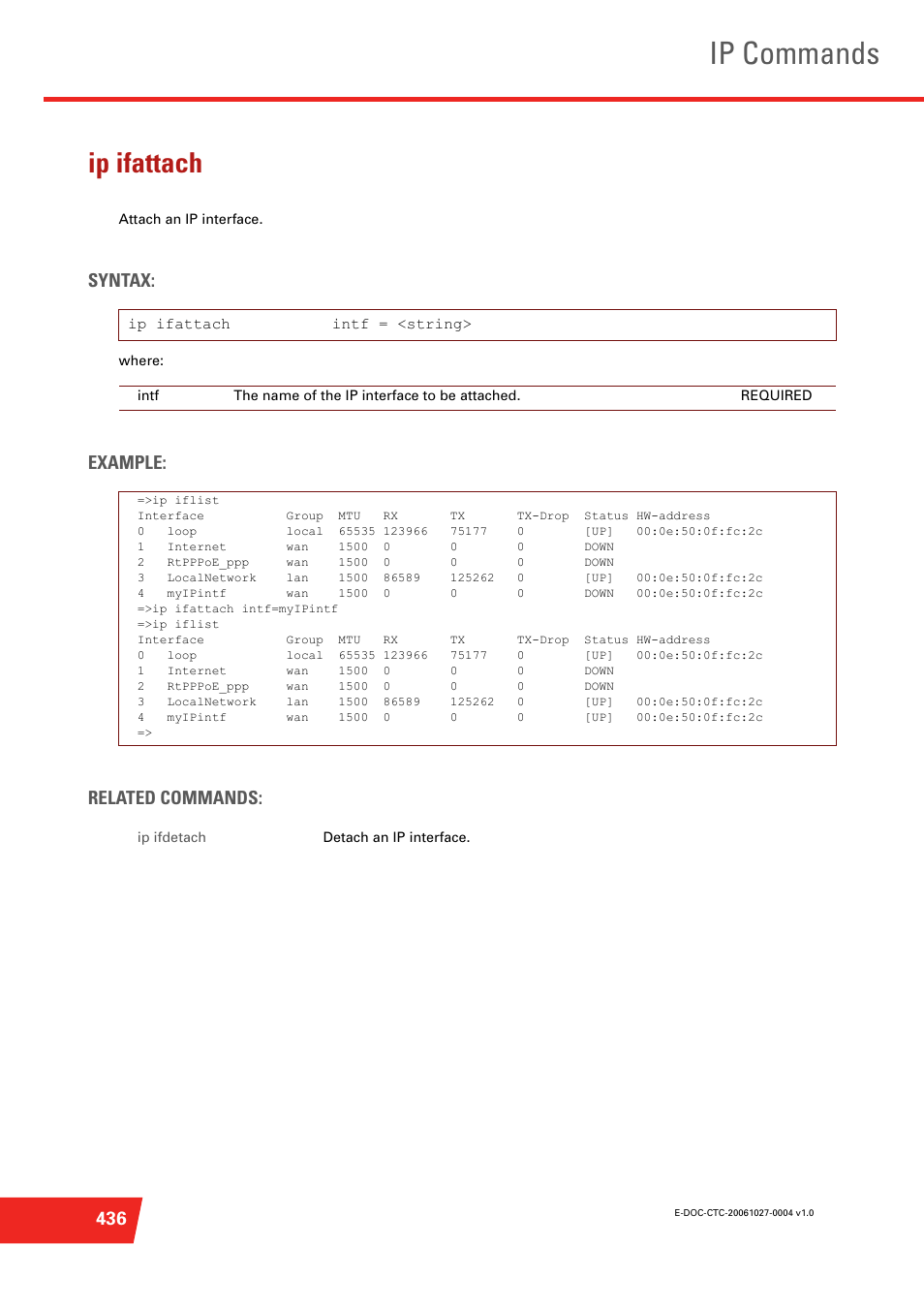 Ip ifattach, Attach an ip interface, Ip commands | Syntax, Example: related commands | Technicolor - Thomson ST585 V6 User Manual | Page 460 / 834