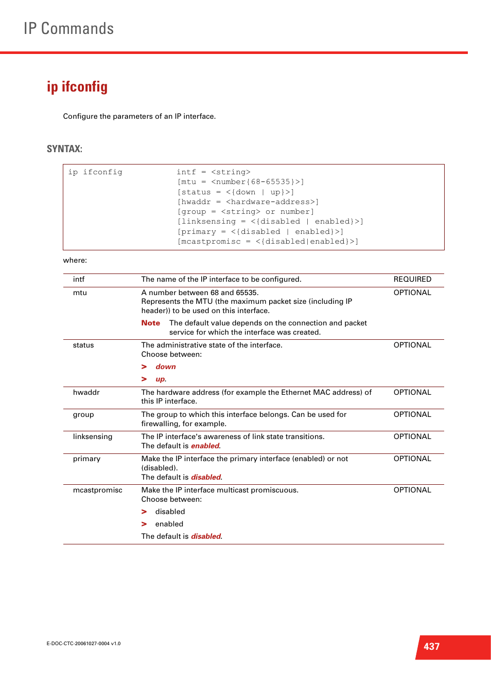 Ip ifconfig, Configure the parameters of an ip interface, Ip commands | Syntax | Technicolor - Thomson ST585 V6 User Manual | Page 461 / 834