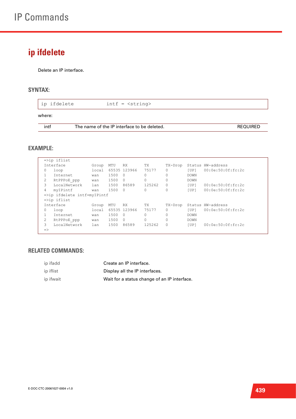 Ip ifdelete, Delete an ip interface, Ip commands | Syntax, Example: related commands | Technicolor - Thomson ST585 V6 User Manual | Page 463 / 834