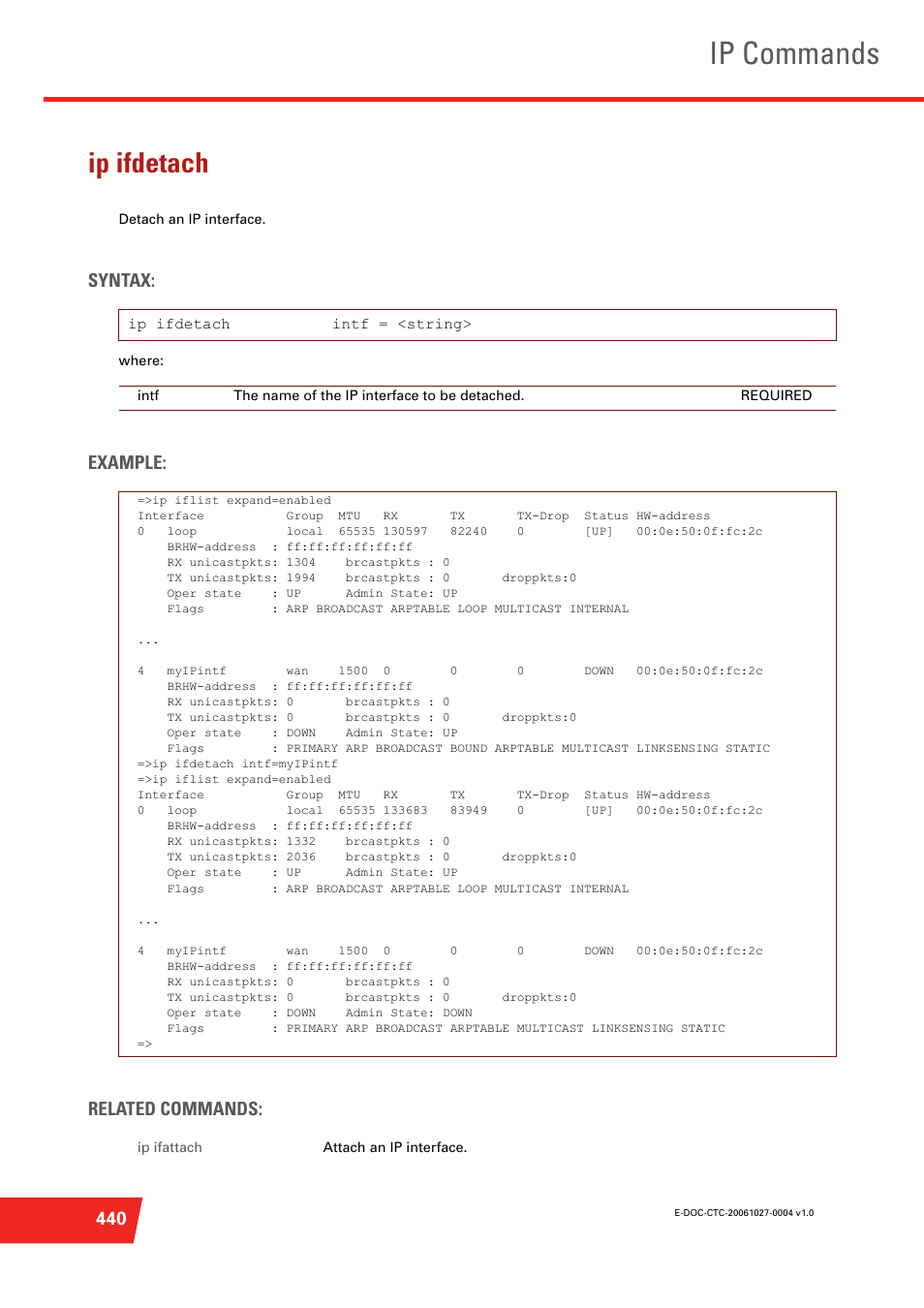 Ip ifdetach, Detach an ip interface, Ip commands | Syntax, Example: related commands | Technicolor - Thomson ST585 V6 User Manual | Page 464 / 834