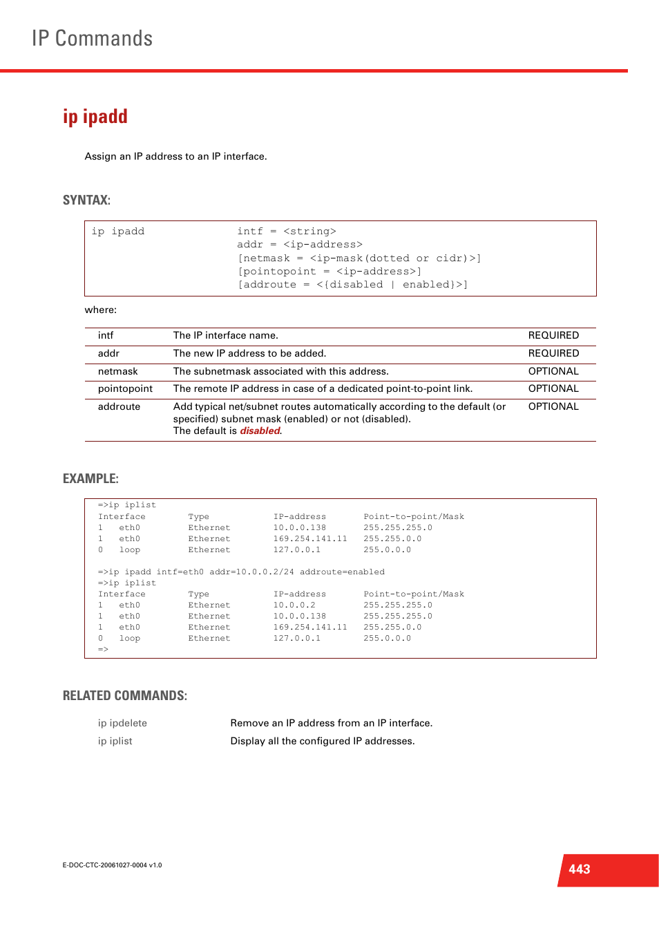 Ip ipadd, Ip commands, Syntax | Example: related commands | Technicolor - Thomson ST585 V6 User Manual | Page 467 / 834