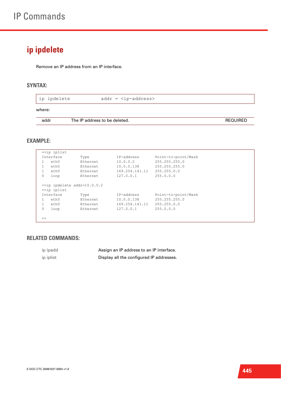 Ip ipdelete, Ip commands, Syntax | Example: related commands | Technicolor - Thomson ST585 V6 User Manual | Page 469 / 834