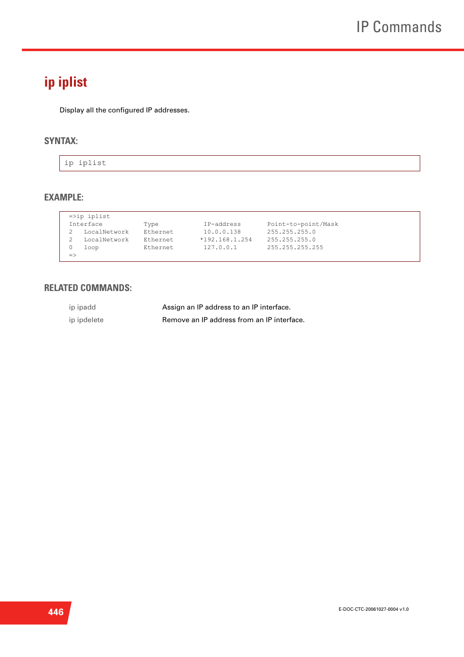 Ip iplist, Ip commands, Syntax: example: related commands | Technicolor - Thomson ST585 V6 User Manual | Page 470 / 834