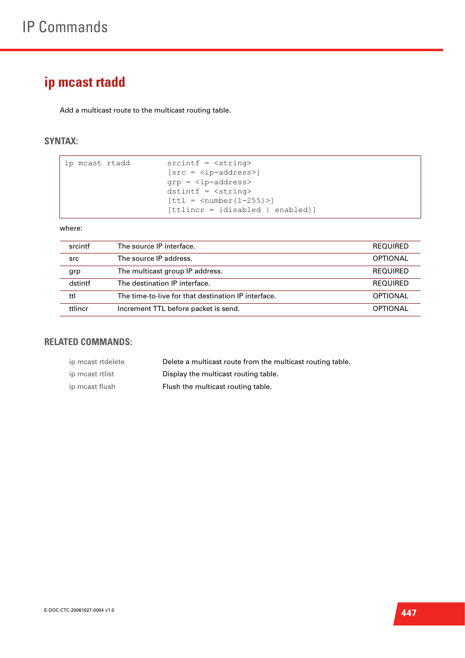 Ip mcast rtadd, Ip commands, Syntax | Related commands | Technicolor - Thomson ST585 V6 User Manual | Page 471 / 834