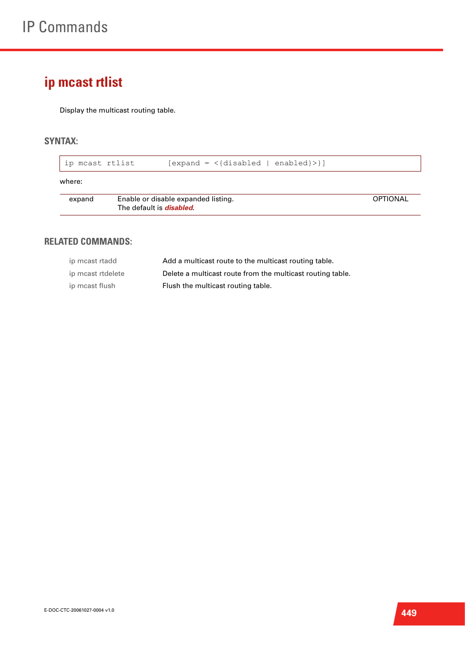 Ip mcast rtlist, Display the multicast routing table, Ip commands | Technicolor - Thomson ST585 V6 User Manual | Page 473 / 834