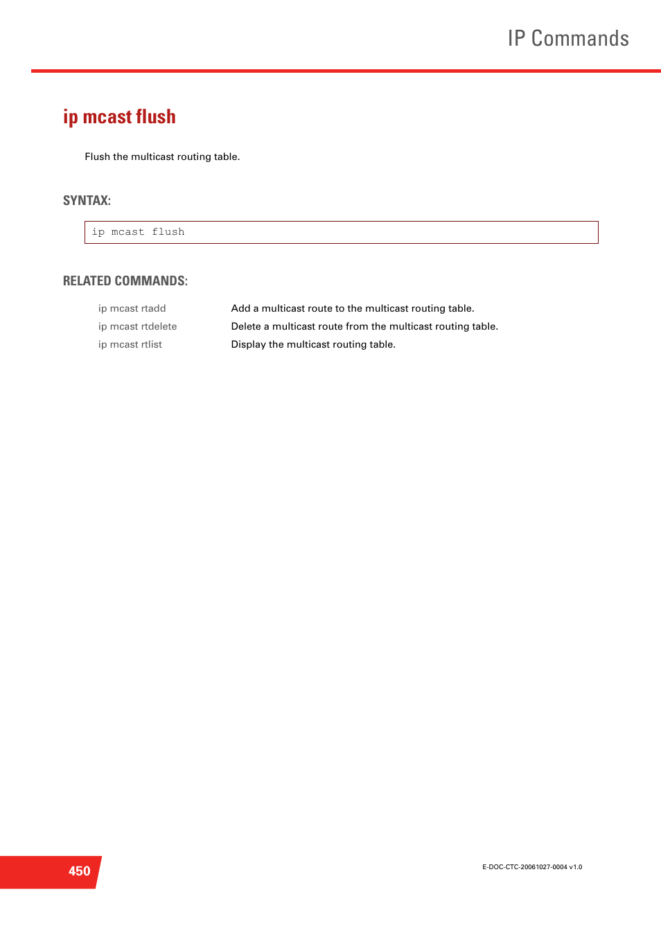 Ip mcast flush, Flush the multicast routing table, Ip commands | Technicolor - Thomson ST585 V6 User Manual | Page 474 / 834