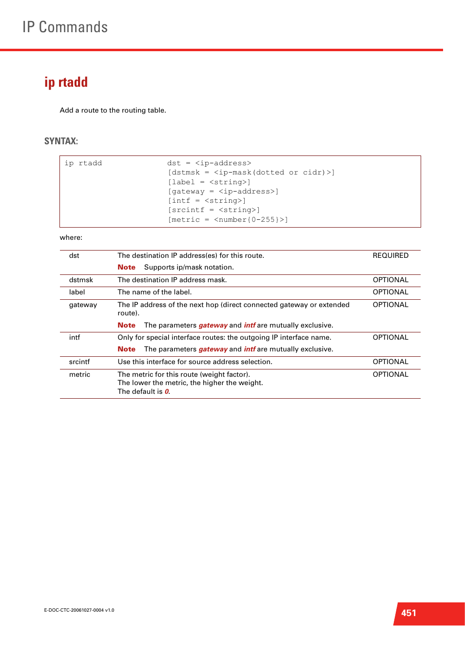 Ip rtadd, Add a route to the routing table, Ip rtdelete | Ip commands, Syntax | Technicolor - Thomson ST585 V6 User Manual | Page 475 / 834