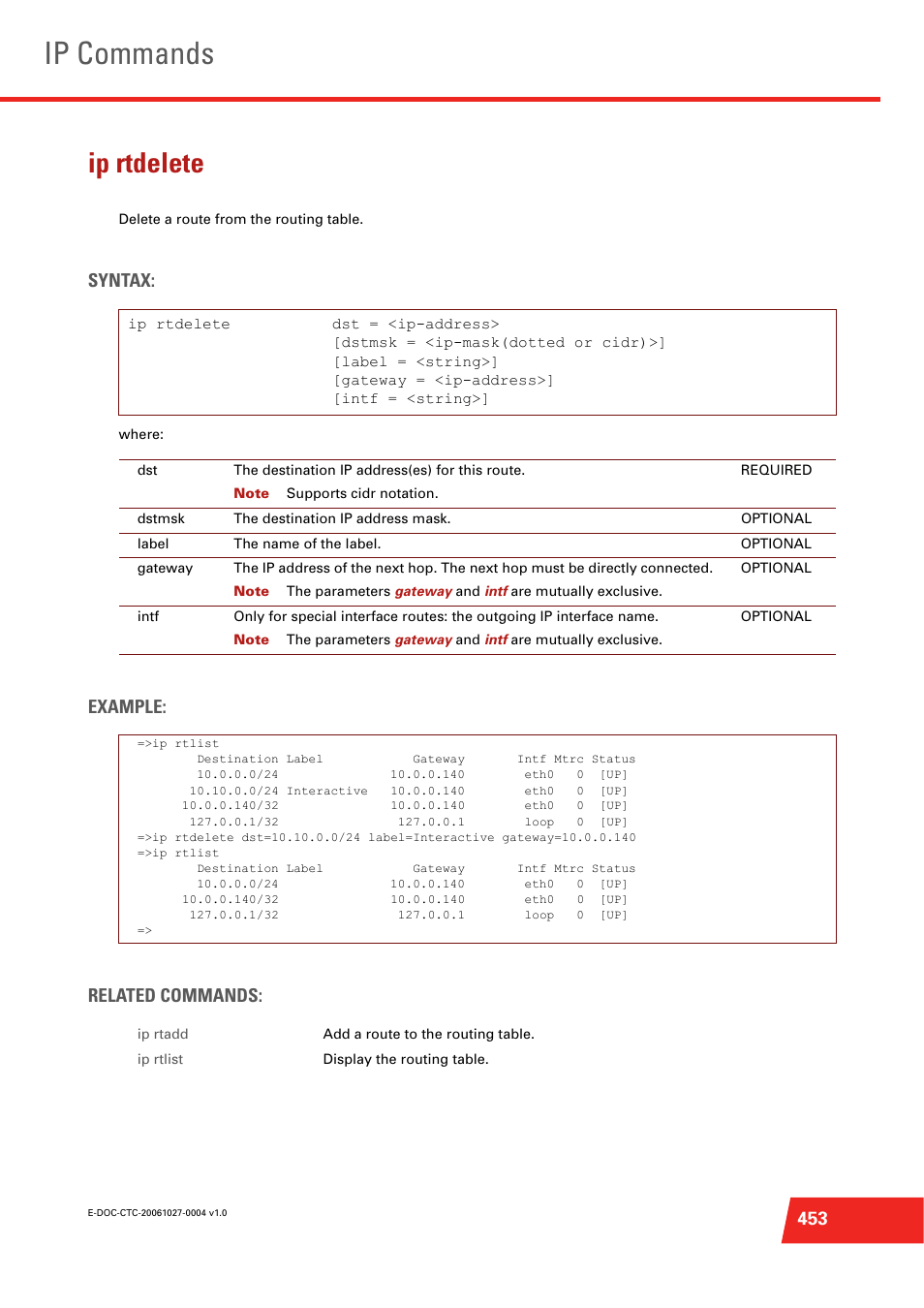 Ip rtdelete, Delete a route from the routing table, Ip commands | Syntax, Example: related commands | Technicolor - Thomson ST585 V6 User Manual | Page 477 / 834