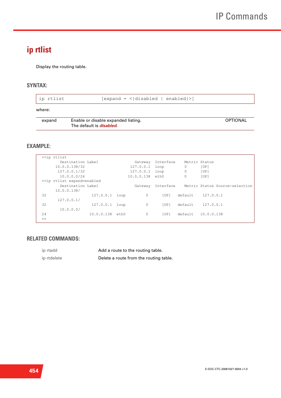 Ip rtlist, Display the routing table, Ip commands | Syntax, Example: related commands | Technicolor - Thomson ST585 V6 User Manual | Page 478 / 834