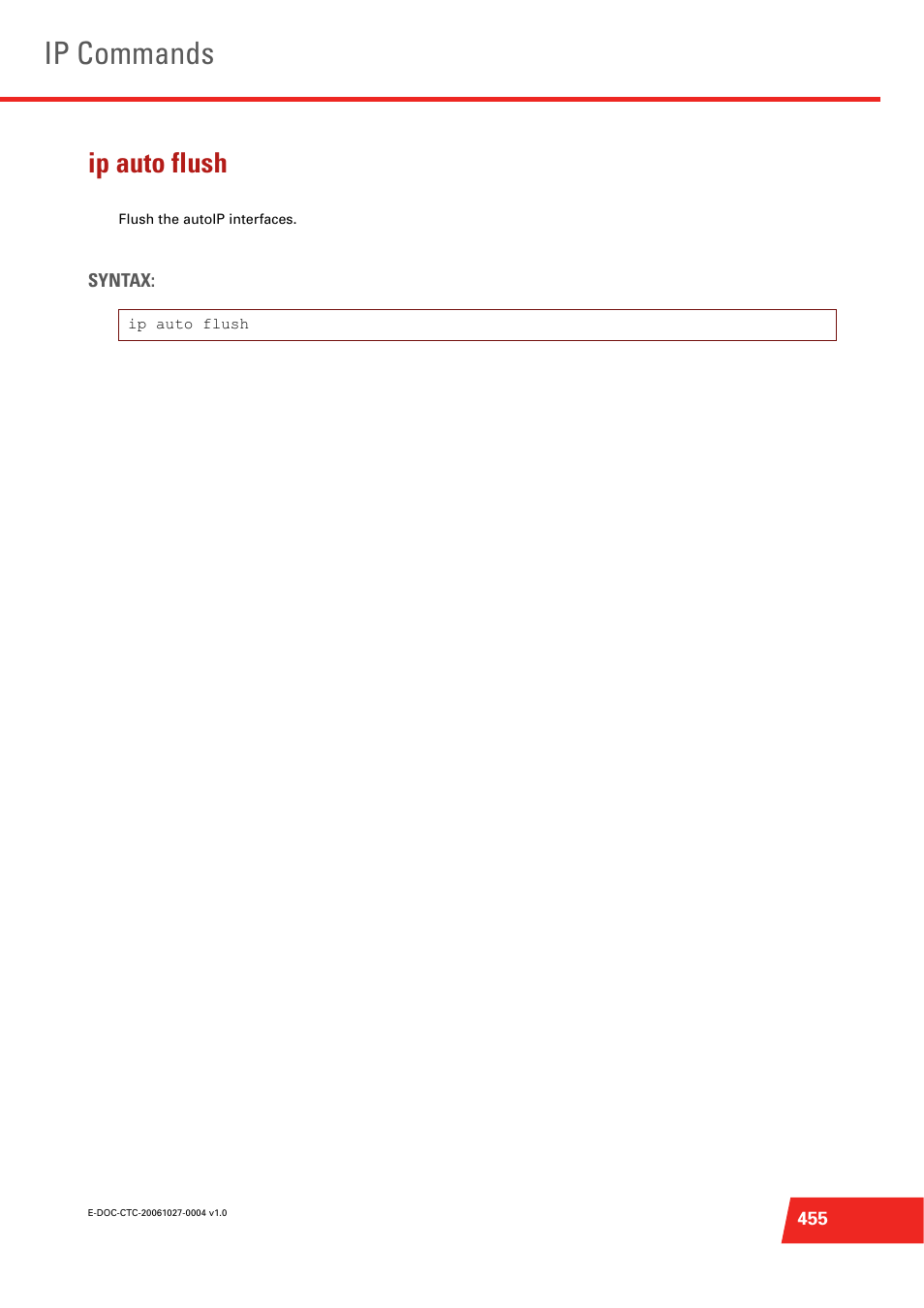 Ip auto flush, Flush the autoip interfaces, Ip commands | Technicolor - Thomson ST585 V6 User Manual | Page 479 / 834