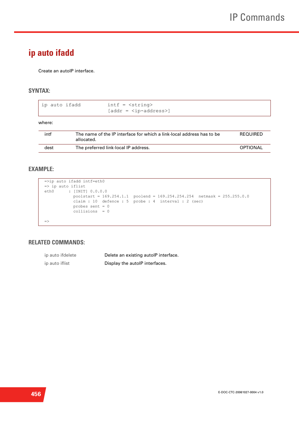 Ip auto ifadd, Create an autoip interface, Ip commands | Syntax, Example: related commands | Technicolor - Thomson ST585 V6 User Manual | Page 480 / 834