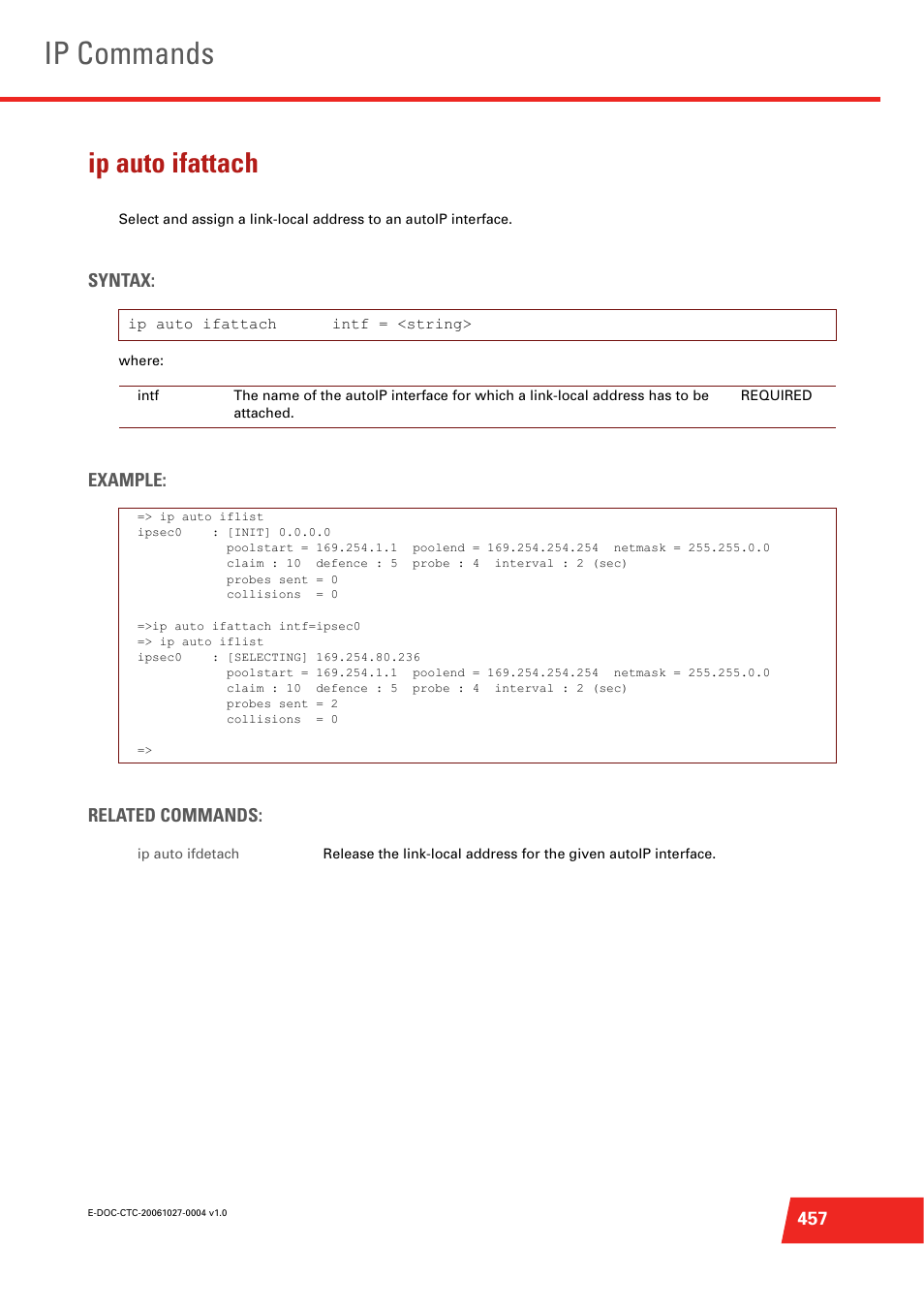 Ip auto ifattach, Ip commands, Syntax | Example: related commands | Technicolor - Thomson ST585 V6 User Manual | Page 481 / 834