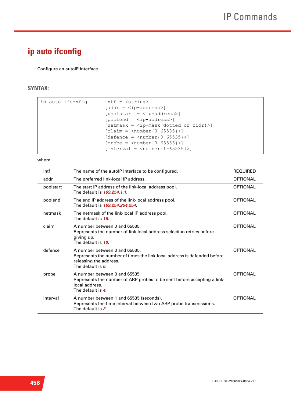 Ip auto ifconfig, Configure an autoip interface, Ip commands | Syntax | Technicolor - Thomson ST585 V6 User Manual | Page 482 / 834