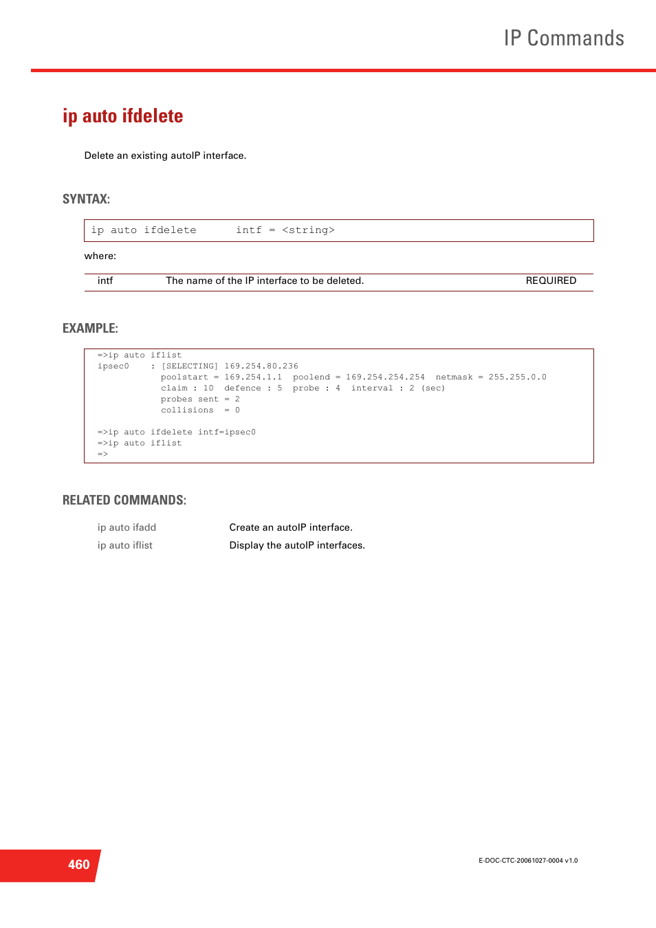 Ip auto ifdelete, Delete an existing autoip interface, Ip commands | Syntax, Example: related commands | Technicolor - Thomson ST585 V6 User Manual | Page 484 / 834