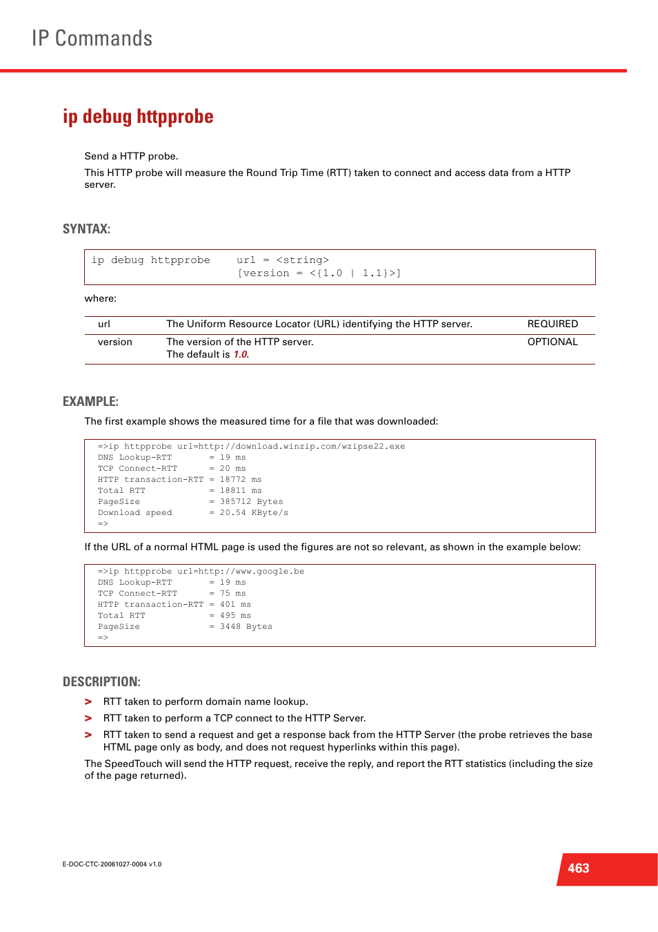 Ip debug httpprobe, Ip commands, Syntax | Example, Description | Technicolor - Thomson ST585 V6 User Manual | Page 487 / 834