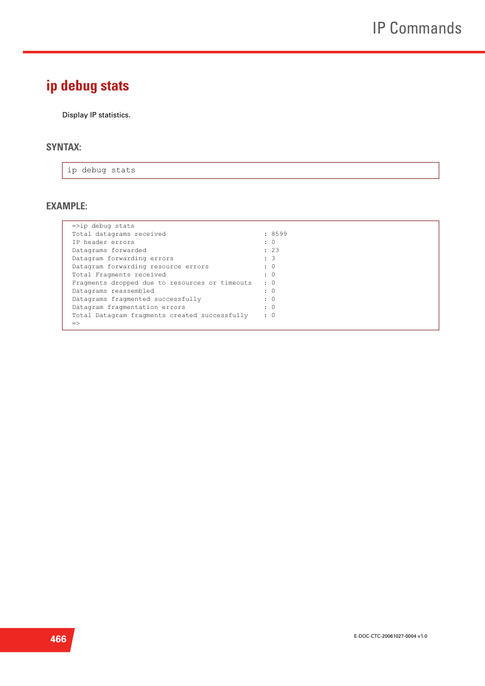 Ip debug stats, Ip commands, Syntax: example | Technicolor - Thomson ST585 V6 User Manual | Page 490 / 834