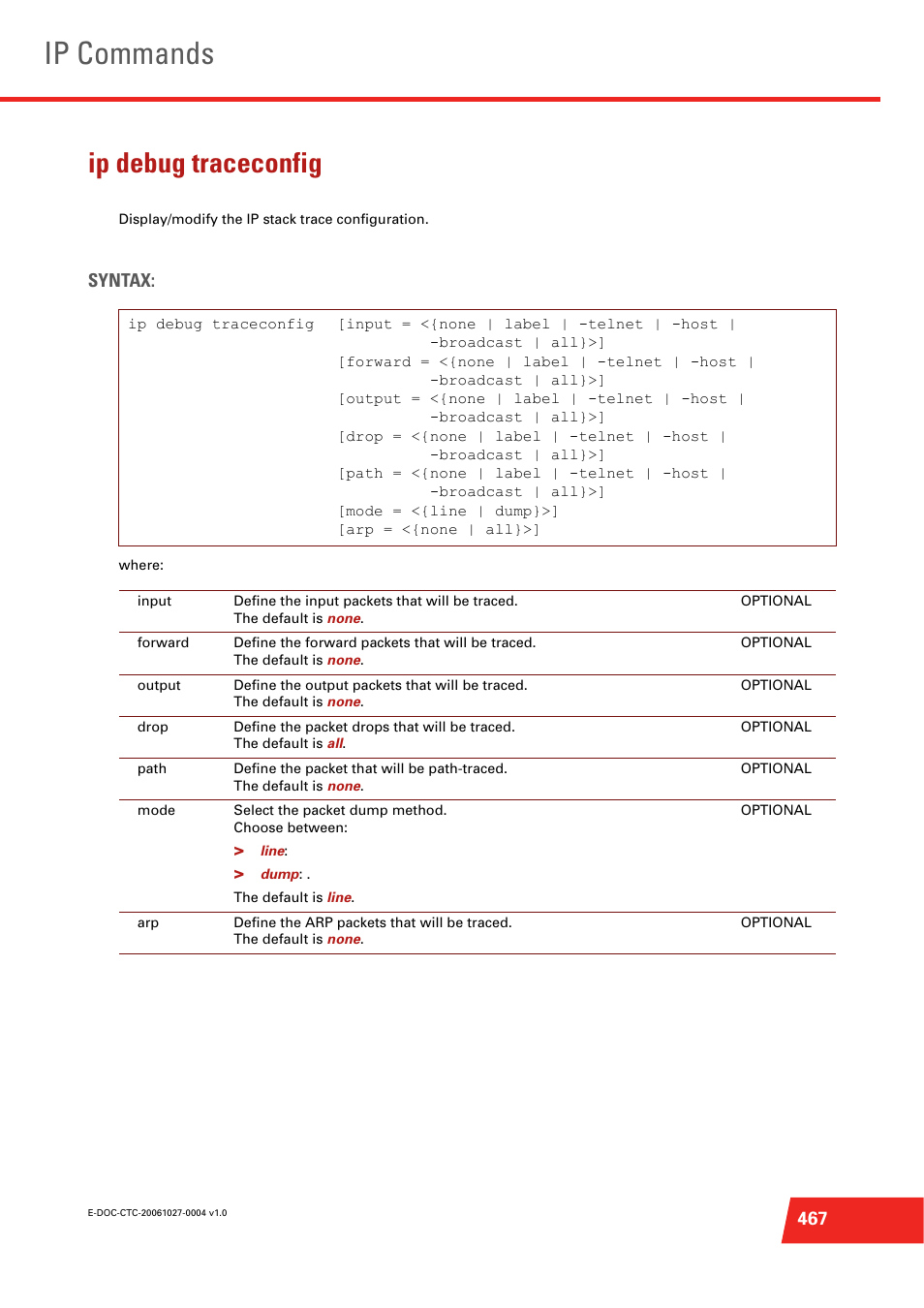 Ip debug traceconfig, Ip commands, Syntax | Technicolor - Thomson ST585 V6 User Manual | Page 491 / 834