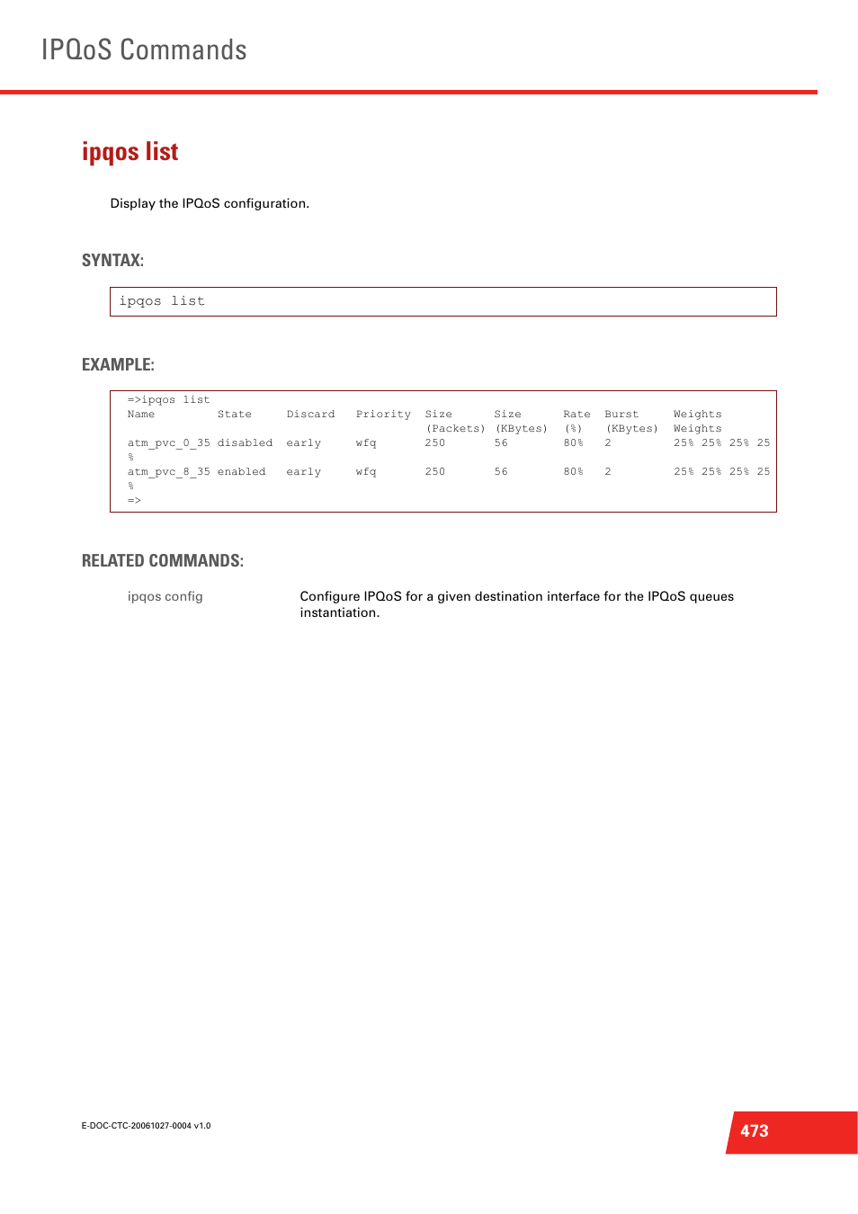 Ipqos list, Display the ipqos configuration, Ipqos commands | Syntax: example: related commands | Technicolor - Thomson ST585 V6 User Manual | Page 497 / 834