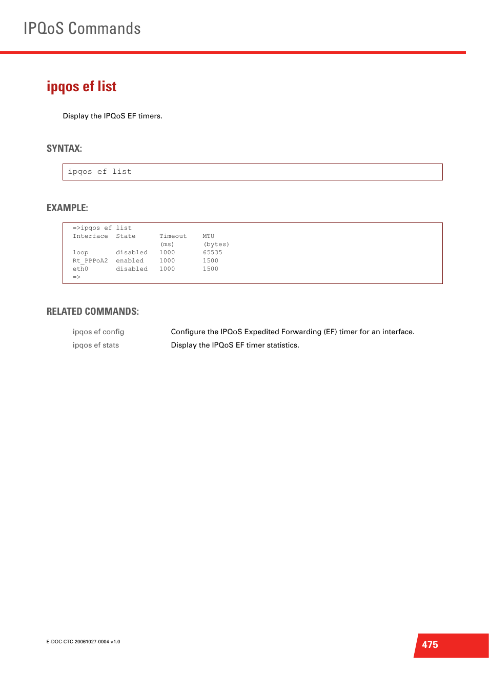 Ipqos ef list, Display the ipqos ef timers, Ipqos commands | Syntax: example: related commands | Technicolor - Thomson ST585 V6 User Manual | Page 499 / 834