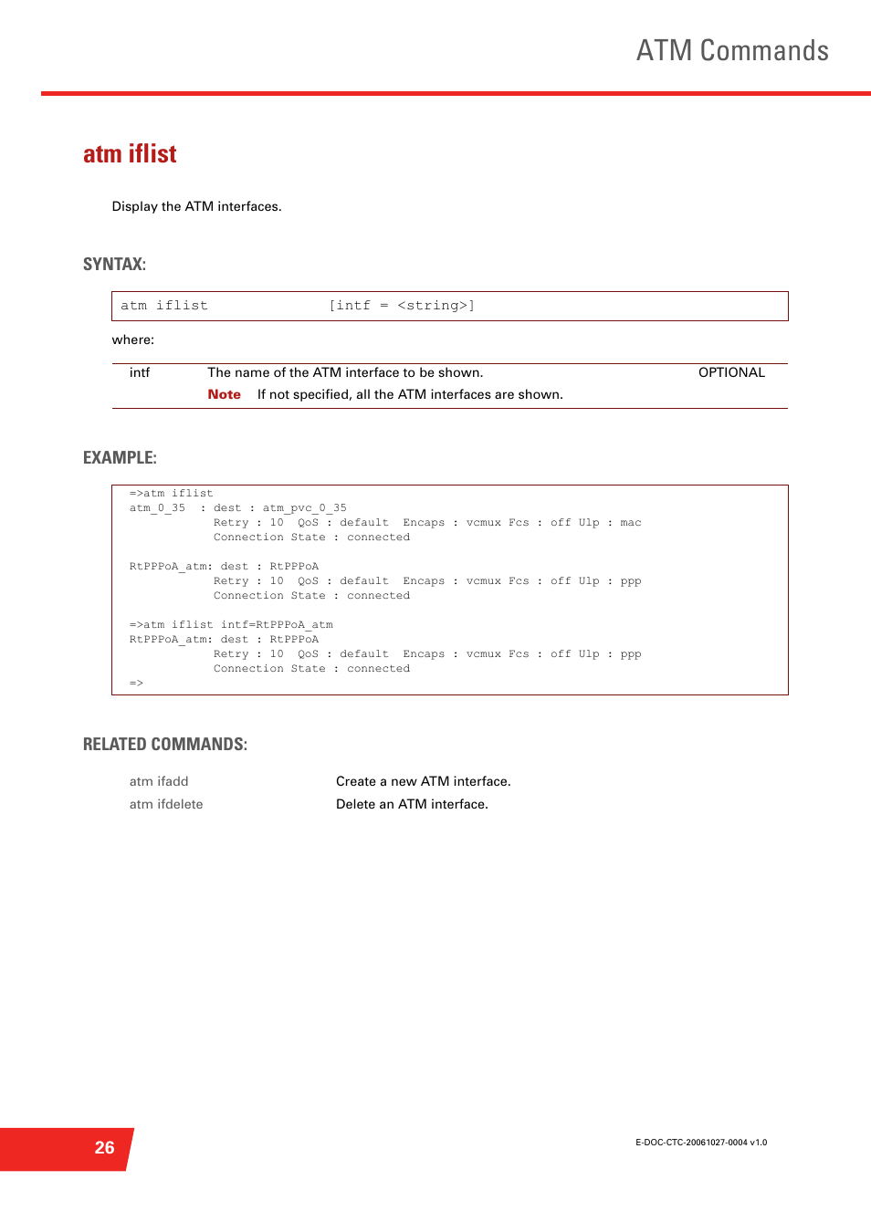 Atm iflist, Atm commands, Syntax | Example: related commands | Technicolor - Thomson ST585 V6 User Manual | Page 50 / 834