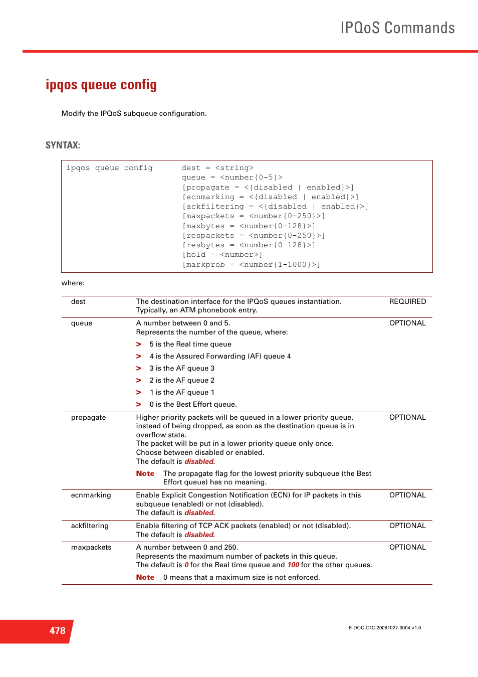 Ipqos queue config, Modify the ipqos subqueue configuration, Ipqos commands | Syntax | Technicolor - Thomson ST585 V6 User Manual | Page 502 / 834