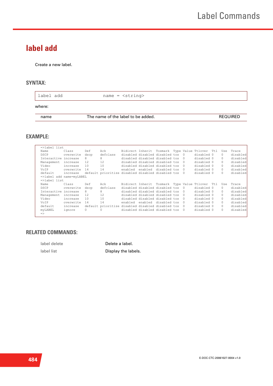 Label add, Create a new label, Label commands | Syntax, Example: related commands | Technicolor - Thomson ST585 V6 User Manual | Page 508 / 834