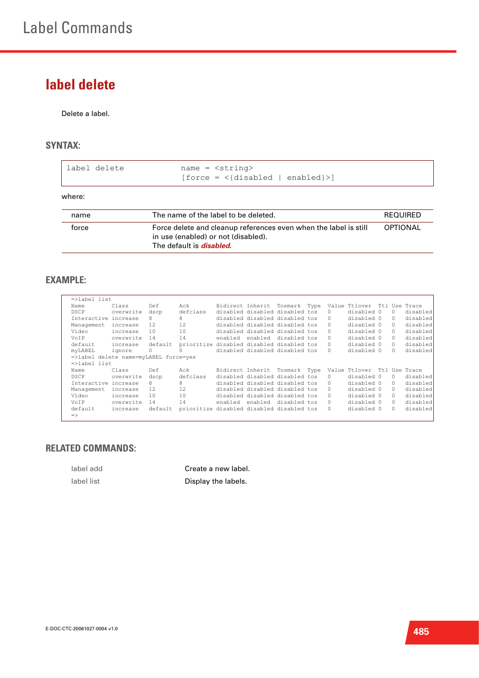 Label delete, Delete a label, Label commands | Syntax, Example: related commands | Technicolor - Thomson ST585 V6 User Manual | Page 509 / 834