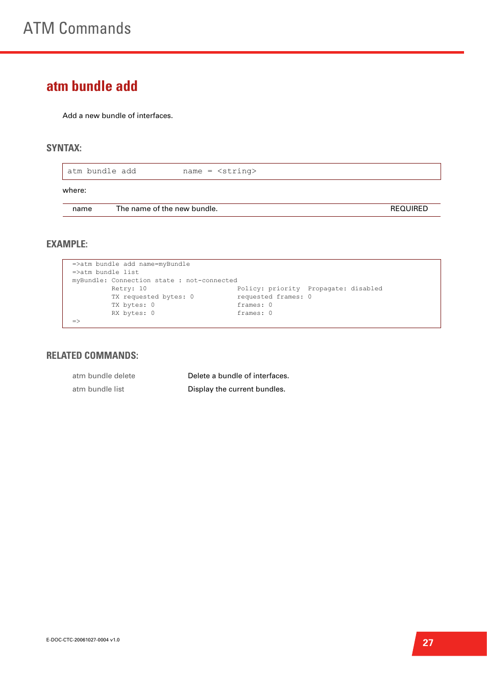 Atm bundle add, Add a new bundle of interfaces, Atm commands | Syntax, Example: related commands | Technicolor - Thomson ST585 V6 User Manual | Page 51 / 834