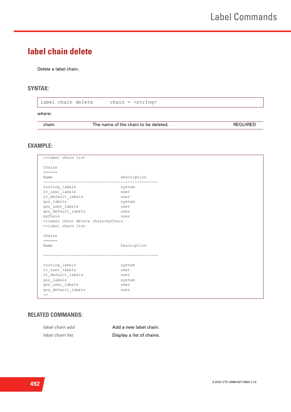 Label chain delete, Delete a label chain, Label commands | Syntax, Example: related commands | Technicolor - Thomson ST585 V6 User Manual | Page 516 / 834