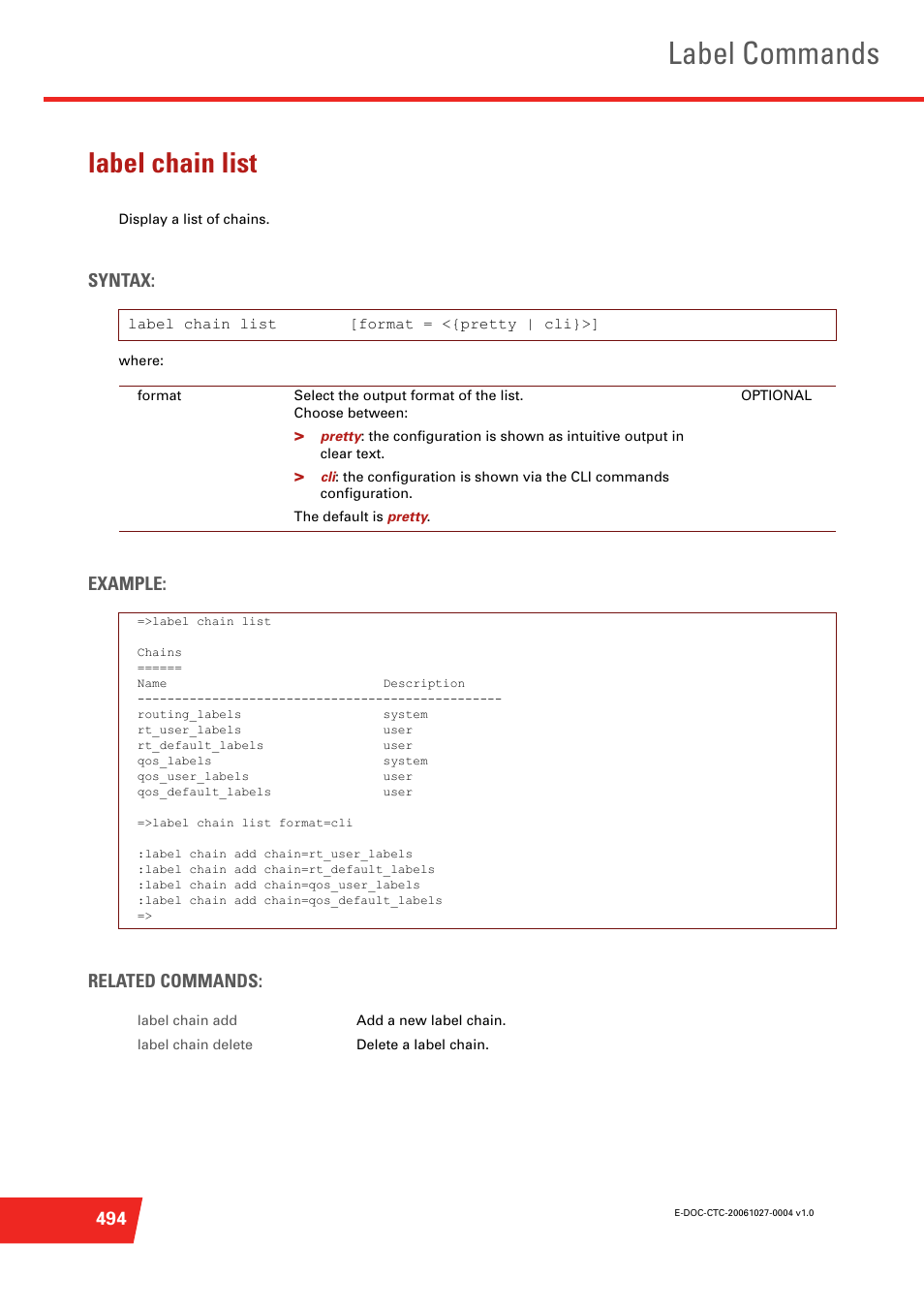 Label chain list, Label commands, Syntax | Example: related commands | Technicolor - Thomson ST585 V6 User Manual | Page 518 / 834