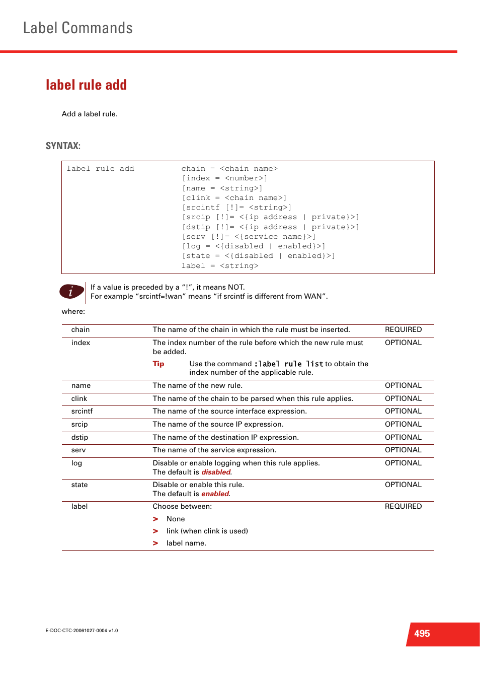 Label rule add, Add a label rule, Label commands | Syntax | Technicolor - Thomson ST585 V6 User Manual | Page 519 / 834