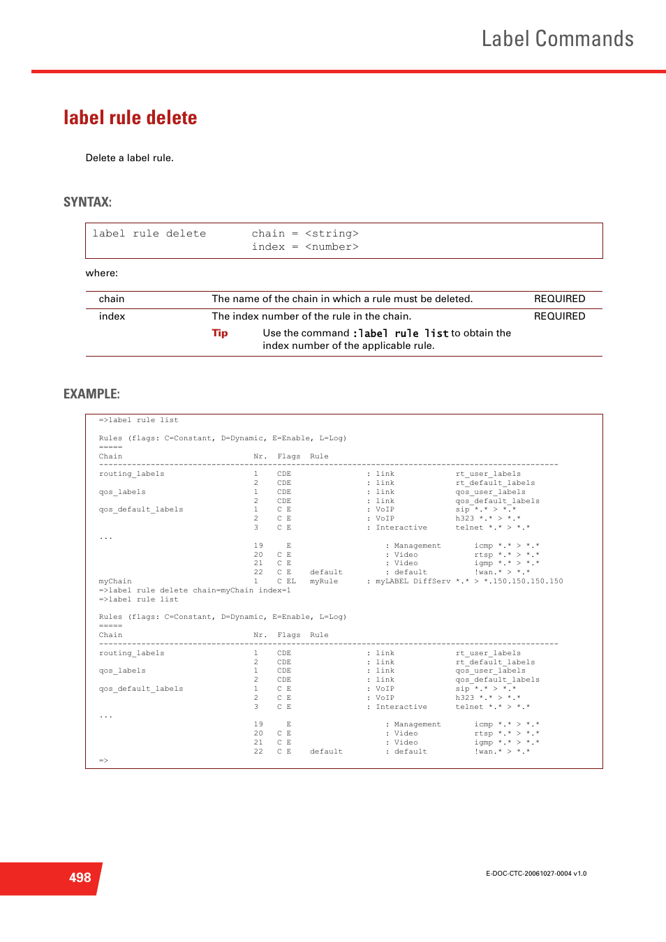 Label rule delete, Delete a label rule, Label commands | Syntax, Example | Technicolor - Thomson ST585 V6 User Manual | Page 522 / 834