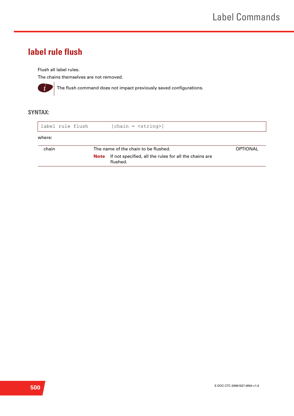 Label rule flush, Flush all label rules, Label commands | Technicolor - Thomson ST585 V6 User Manual | Page 524 / 834