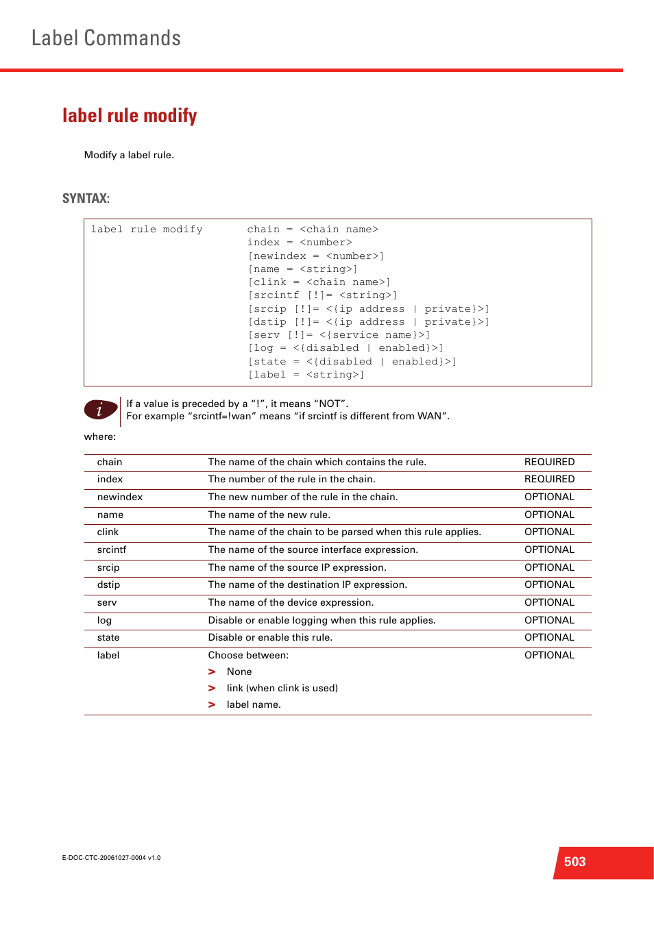 Label rule modify, Modify a label rule, Label commands | Syntax | Technicolor - Thomson ST585 V6 User Manual | Page 527 / 834