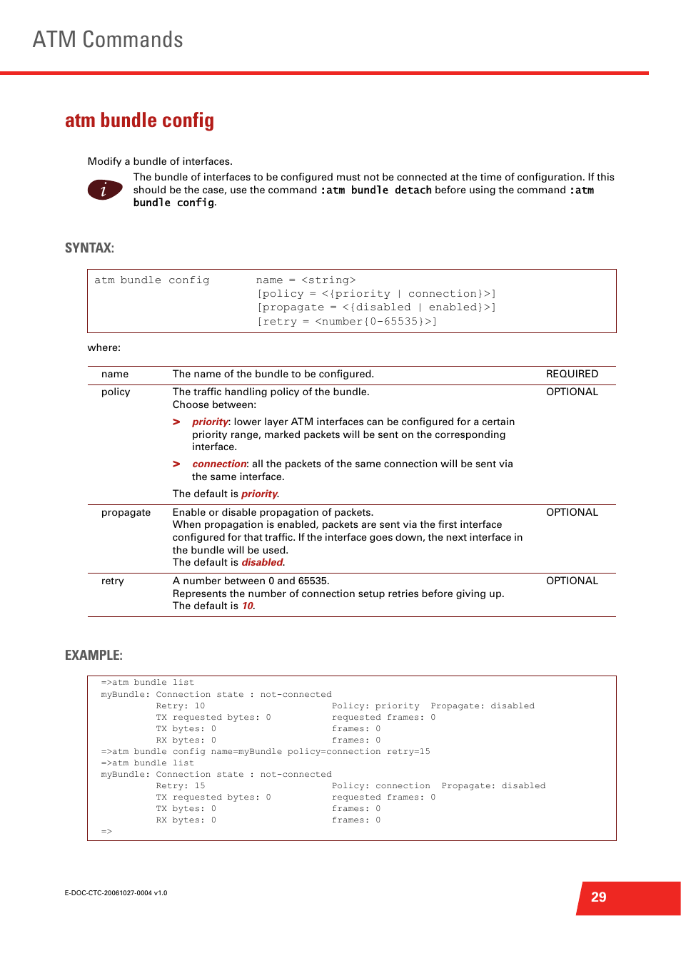 Atm bundle config, Modify a bundle of interfaces, Atm commands | Syntax, Example | Technicolor - Thomson ST585 V6 User Manual | Page 53 / 834