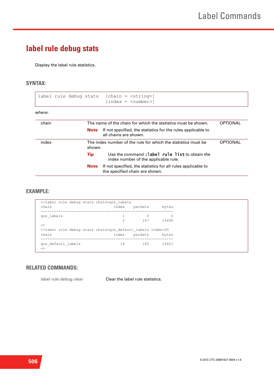 Label rule debug stats, Label commands, Syntax | Example: related commands | Technicolor - Thomson ST585 V6 User Manual | Page 530 / 834