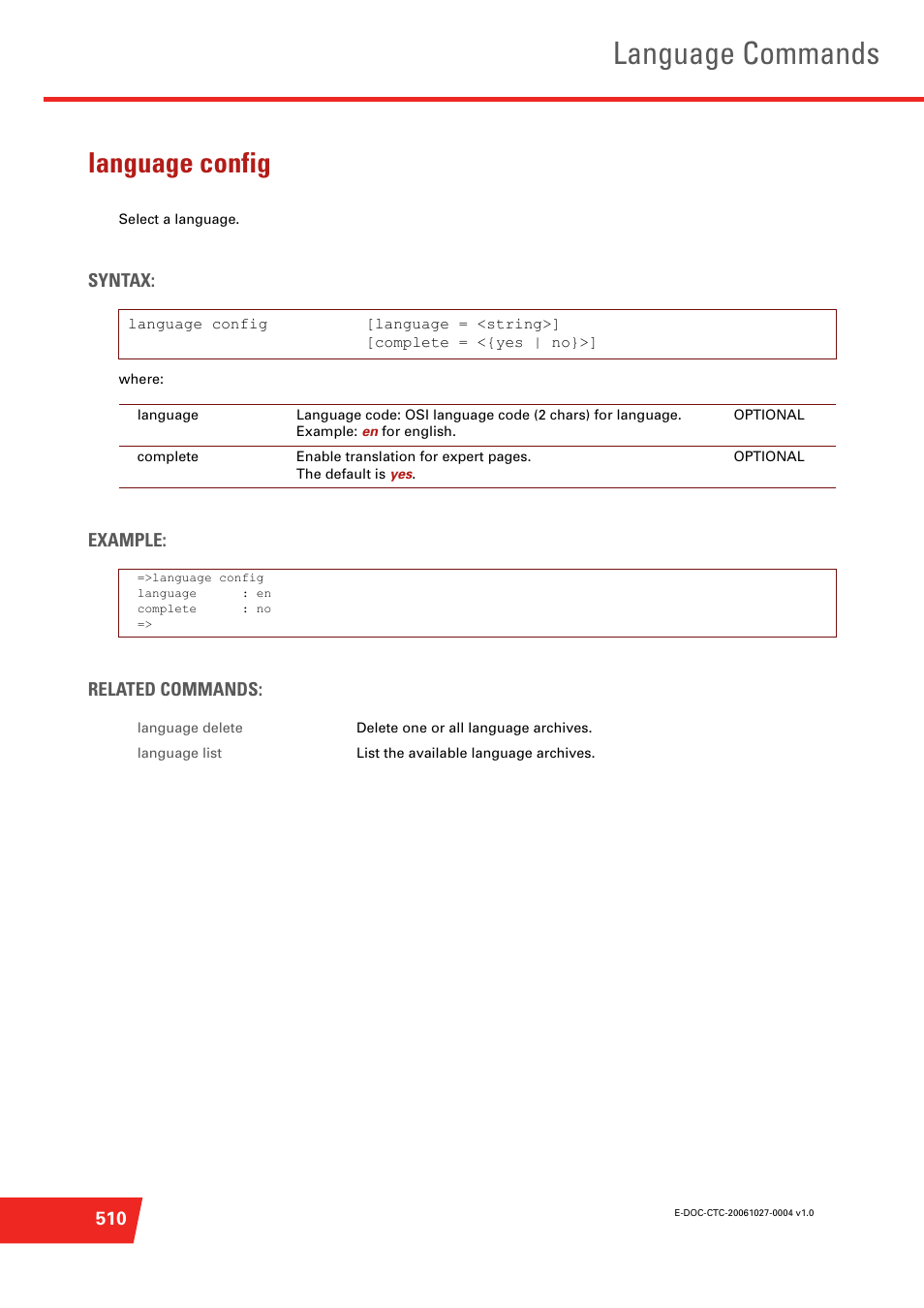 Language config, Select a language, Language commands | Syntax, Example: related commands | Technicolor - Thomson ST585 V6 User Manual | Page 534 / 834