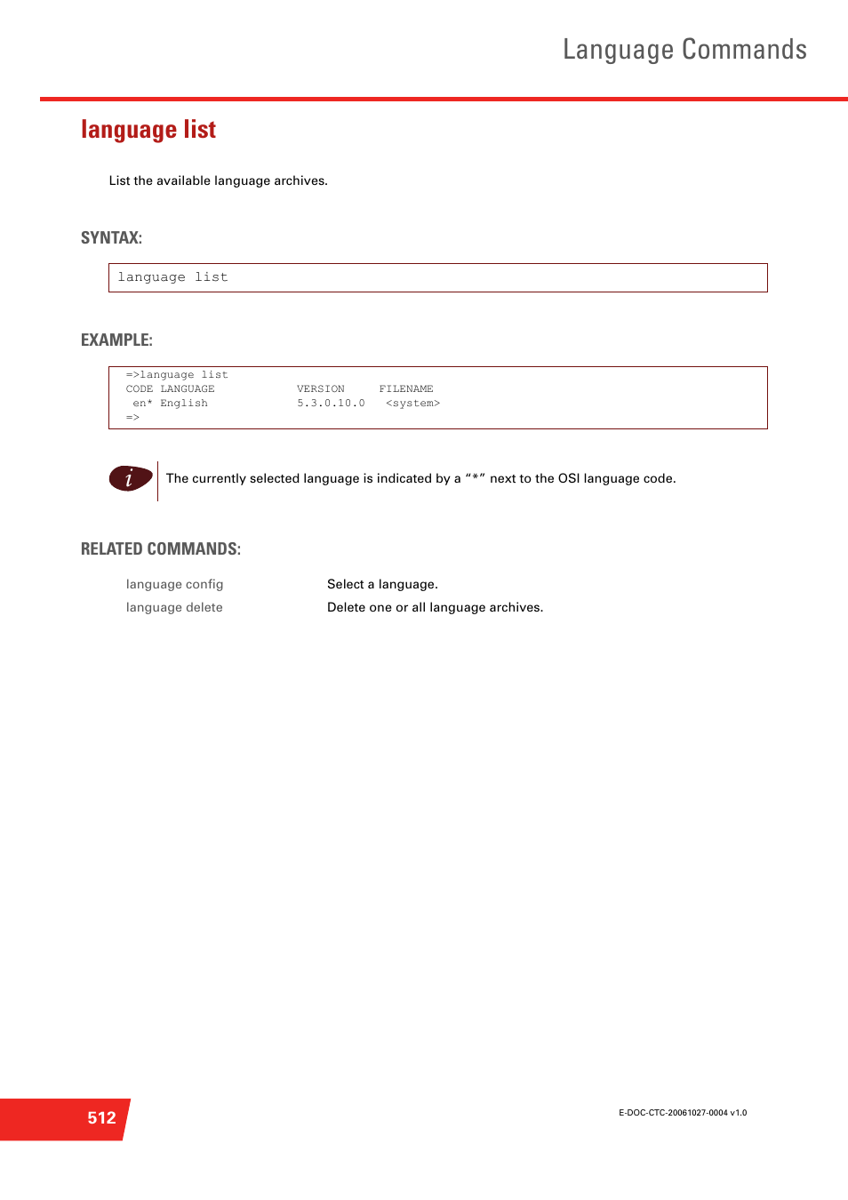 Language list, List the available language archives, Language commands | Technicolor - Thomson ST585 V6 User Manual | Page 536 / 834