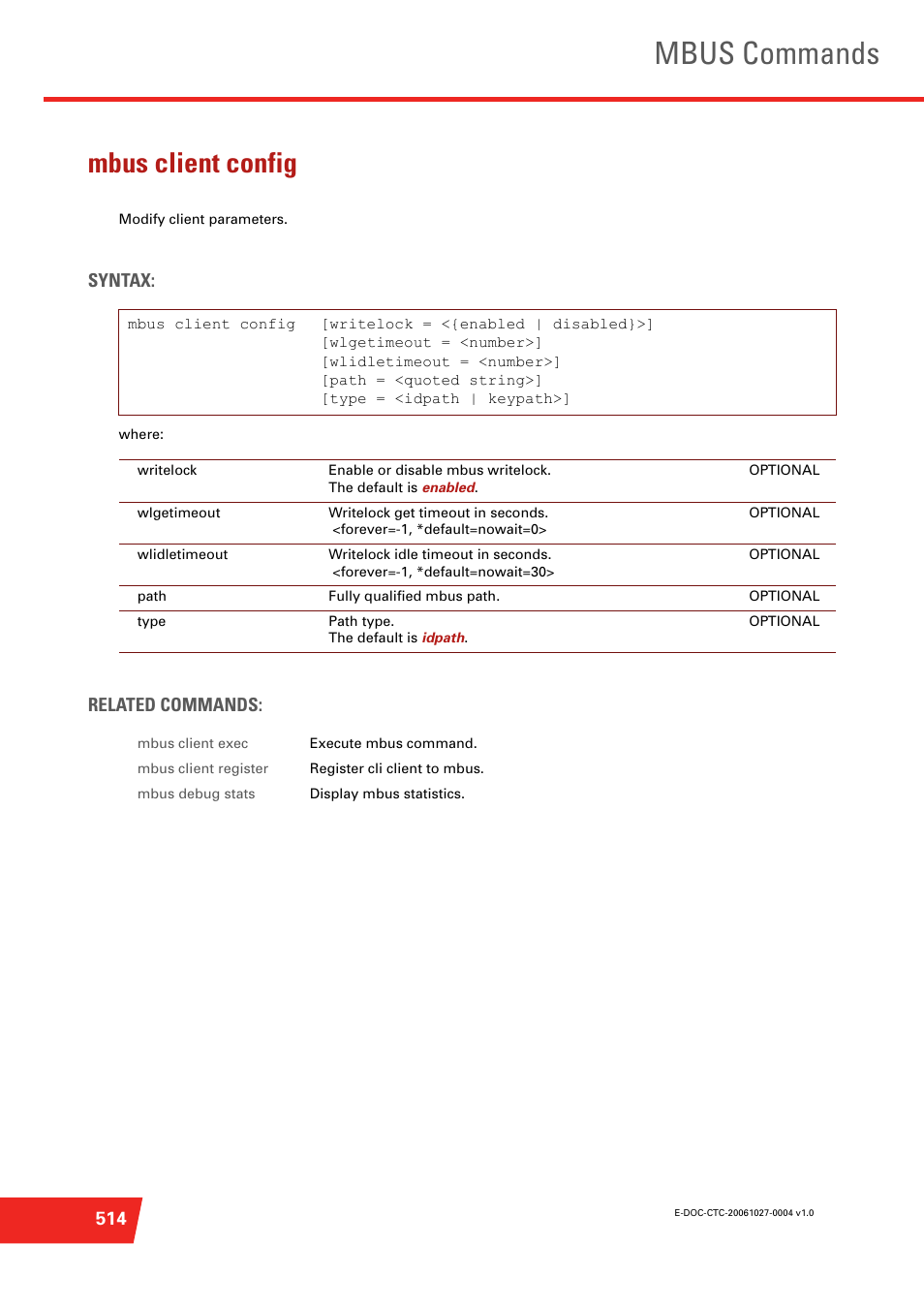 Mbus client config, Modify client parameters, Mbus commands | Syntax, Related commands | Technicolor - Thomson ST585 V6 User Manual | Page 538 / 834