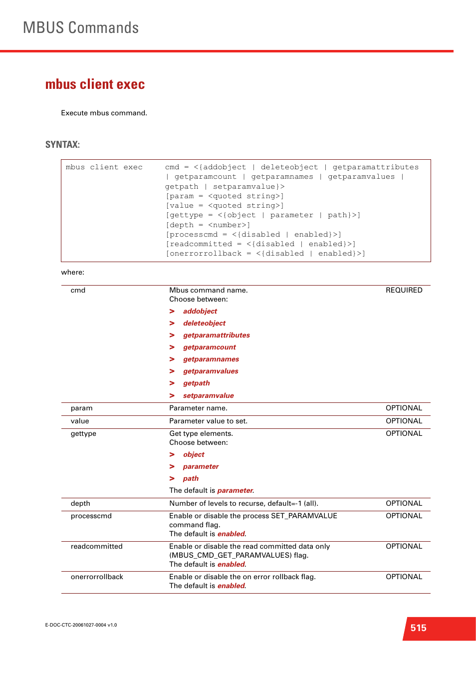 Mbus client exec, Execute mbus command, Mbus commands | Syntax | Technicolor - Thomson ST585 V6 User Manual | Page 539 / 834