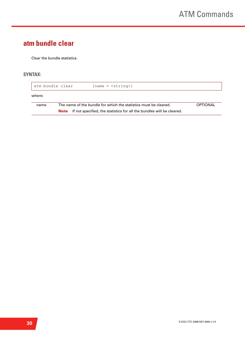 Atm bundle clear, Clear the bundle statistics, Atm commands | Technicolor - Thomson ST585 V6 User Manual | Page 54 / 834